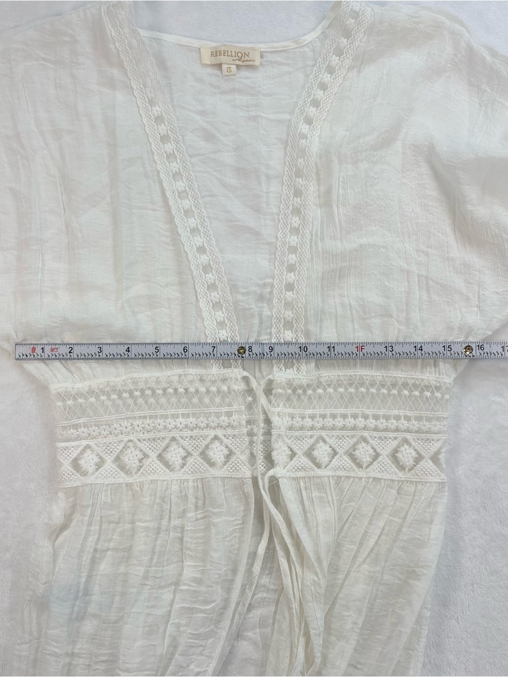 REBELLION White Lace Crochet Beach Cover Up Kimono Duster Tie Front - Picture 9 of 10